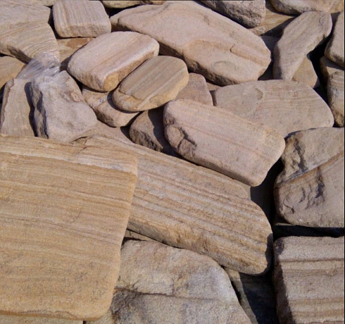 Kamenclub.ru: Песчаник пластушка галтованный желтый с рисунком (3 см)  купить в Электростали плитняк - пластушка желтый песчаник 21000 руб/м3   фото КАМЕНЬ КЛУБ