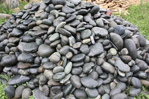 Kamenclub.ru: Темно-серый валунчик фр.100-300 мм.  купить в Электростали крупный природный камень серый, темно-серый, светло-серый речная галька большого размера окатанная 4500 руб/т   фото КАМЕНЬ КЛУБ