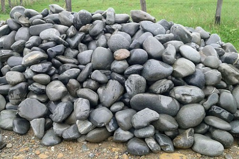 Kamenclub.ru: Темно-серый валунчик фр.100-300 мм.  купить в Электростали крупный природный камень серый, темно-серый, светло-серый речная галька большого размера окатанная 4500 руб/т   фото КАМЕНЬ КЛУБ