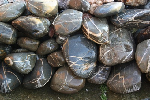 Kamenclub.ru: Валунчик Паутинник фр.100-300 мм  купить в Электростали крупный природный камень галечник темно-серый с прожилками белый черный речной валунчик 5000 руб/т   фото КАМЕНЬ КЛУБ